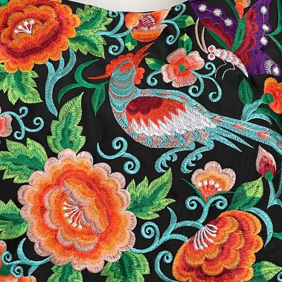 NWOT Embroidered Birds Flowers Canvas Shoulder Tote Bag Orange - Picture 2 of 5